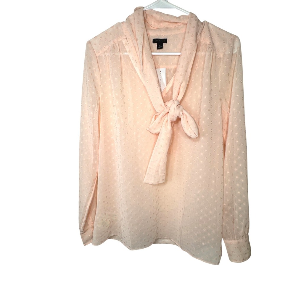 Ann Taylor Pink Clip Dot Tie Neck Blouse Womens S Long Sleeve NWT Workwear Top